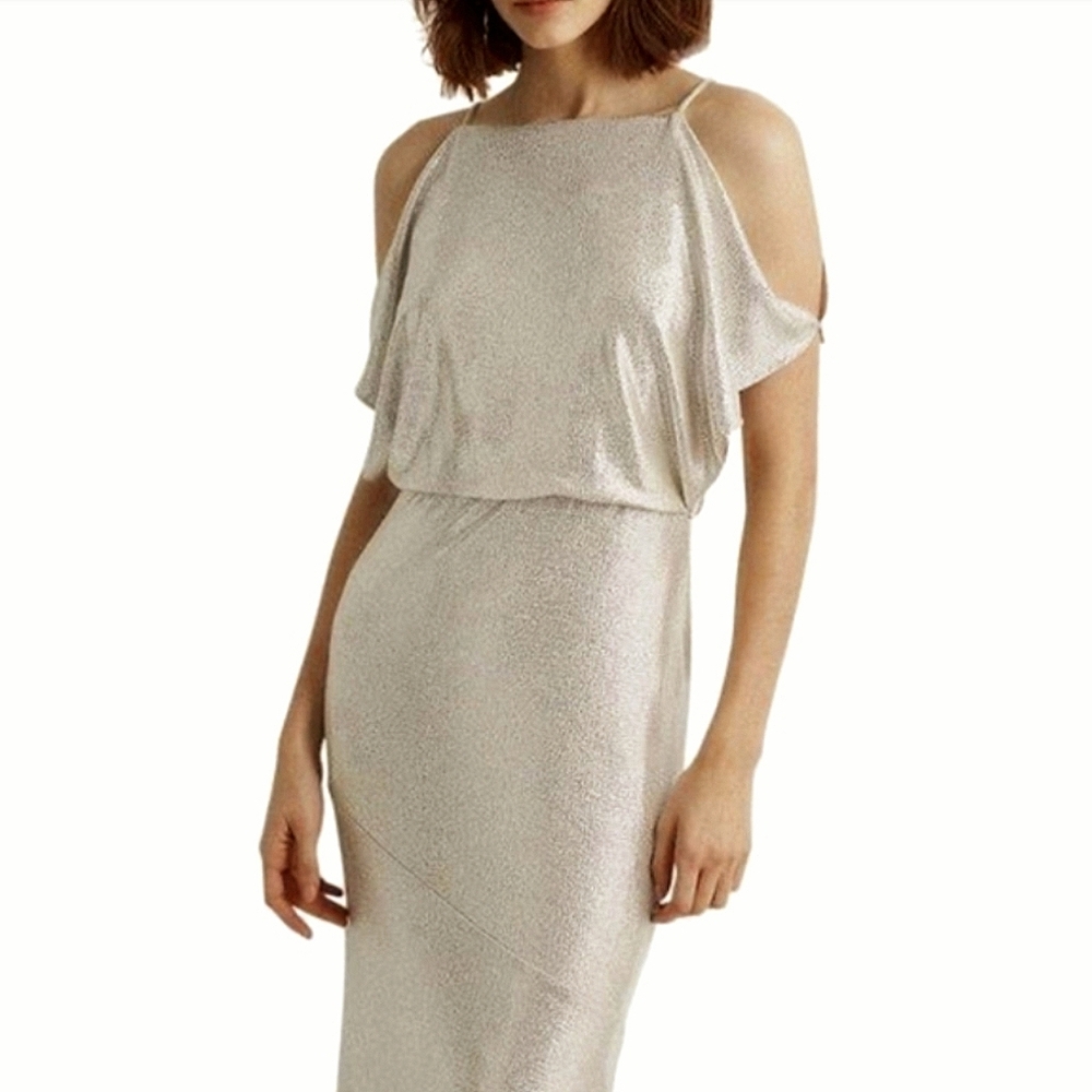 Ralph Lauren Champagne Gold Metallic Grecian Evening Gown Flutter Sleeves 8